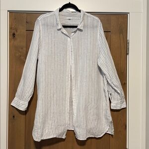 Garnet Hill Womens XL button down Linen shirt Pinstripes coastal Grandma Beach